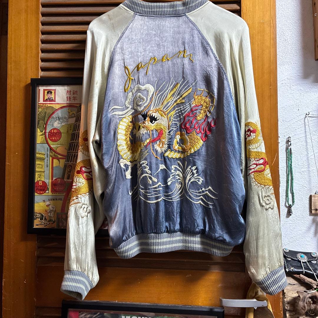 リバーシブルスカジャン双龍&舞妓&JAPAN Mapブルーフェードナス紺。
