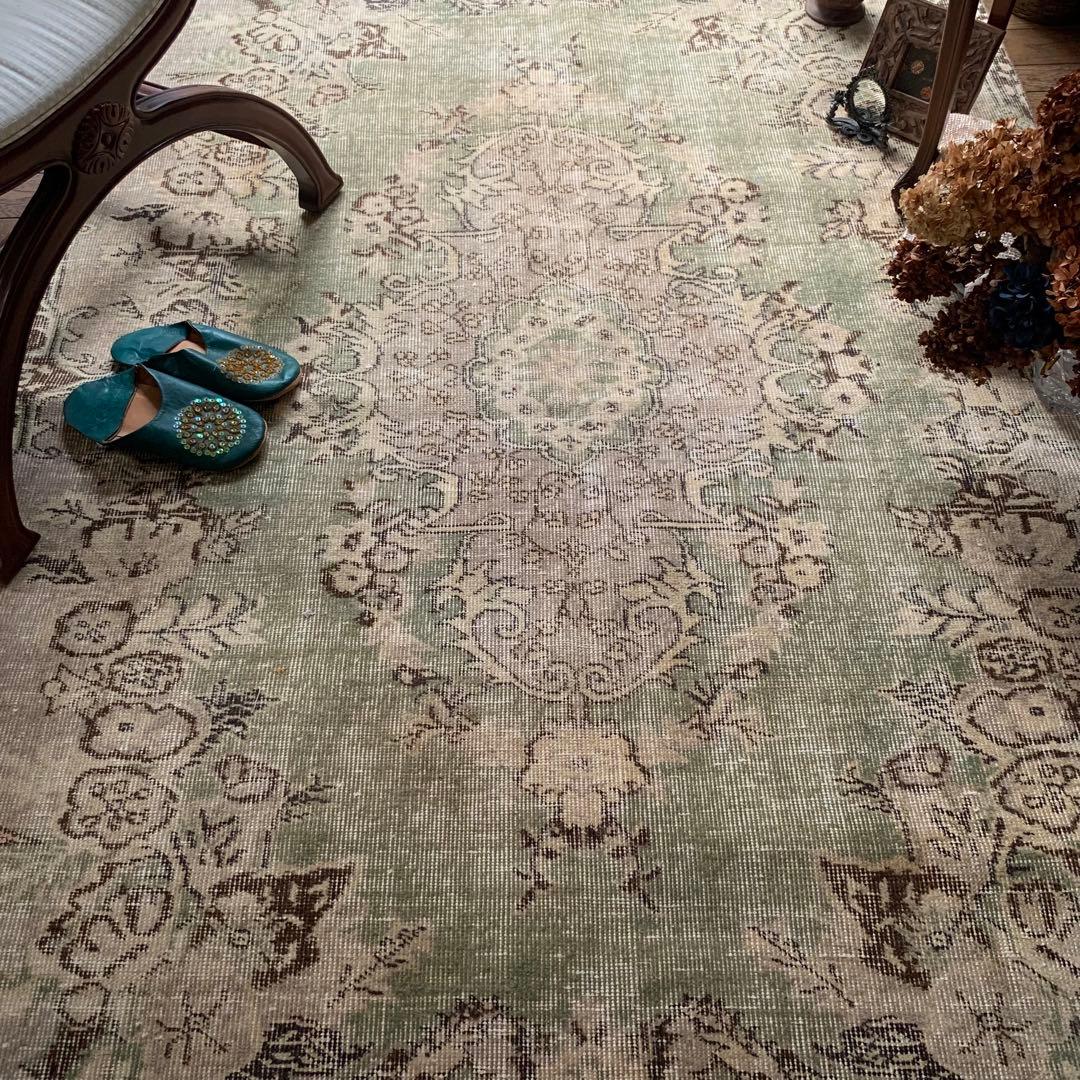 超大判　264. 153 トルコヴィンテージラグ　スモーキーグリーン　メダリオン