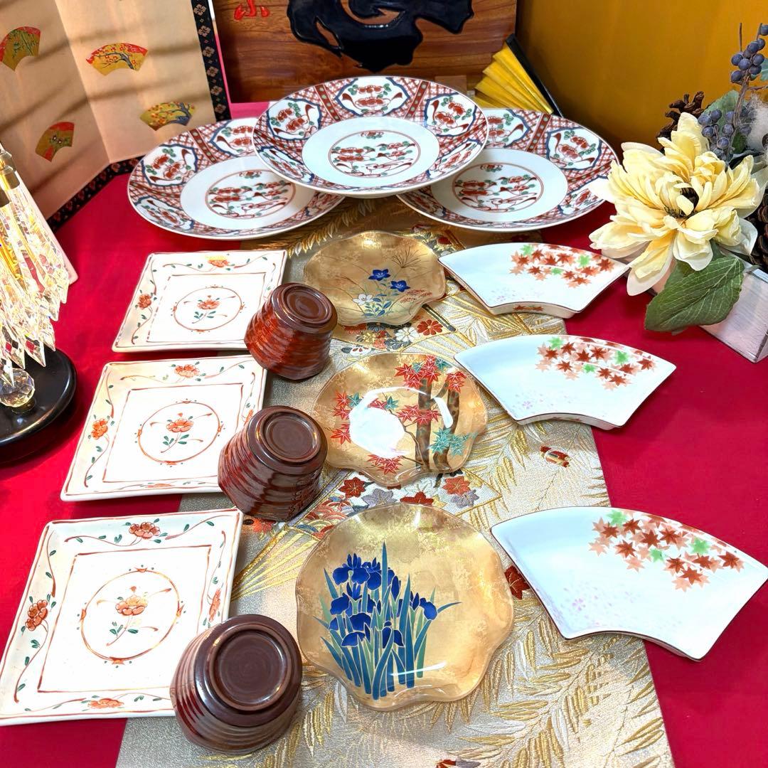 たち吉 扇型皿南風窯ガラス製絵違いkimijima yukiko No.5-10