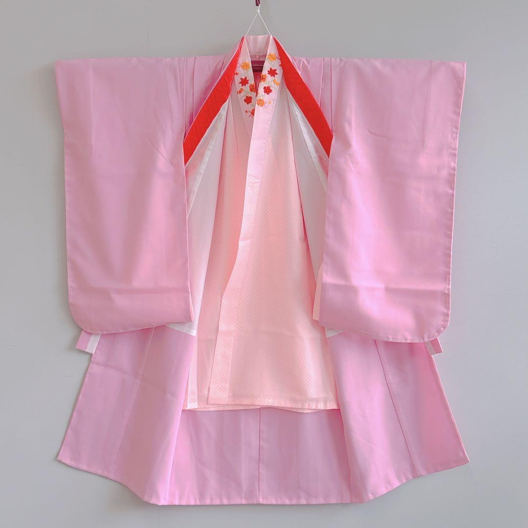 【新品未使用】七五三　３歳　女の子　被布フルセット　ピンク赤　無地