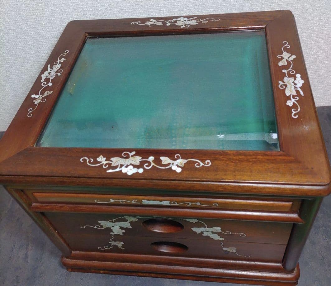 美品　螺鈿細工 ジュエリーケース二段引き出し 唐木 葡萄柄 花梨無垢材