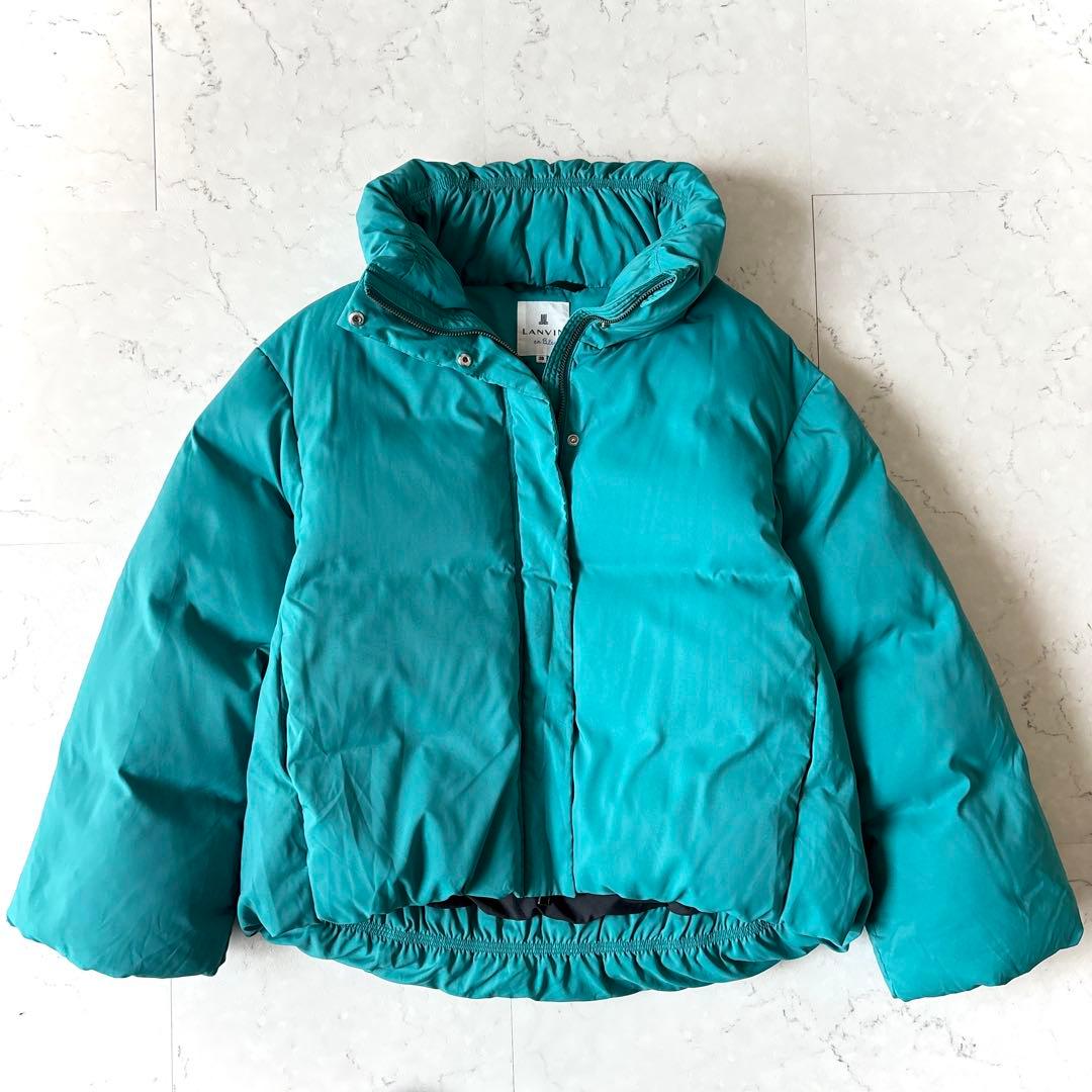 美品 ランバンオンブルー ショート丈ハイネックダウンジャケット ターコイズブルー
