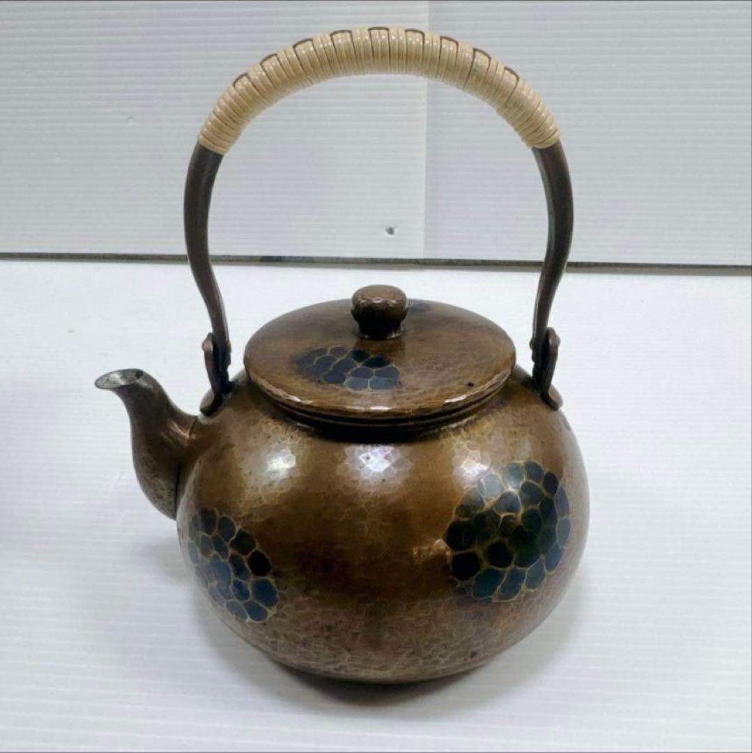 k503 煎茶道具　鎚起銅器　玉川堂造　亀甲文　湯沸　薬缶　銅瓶　共箱
