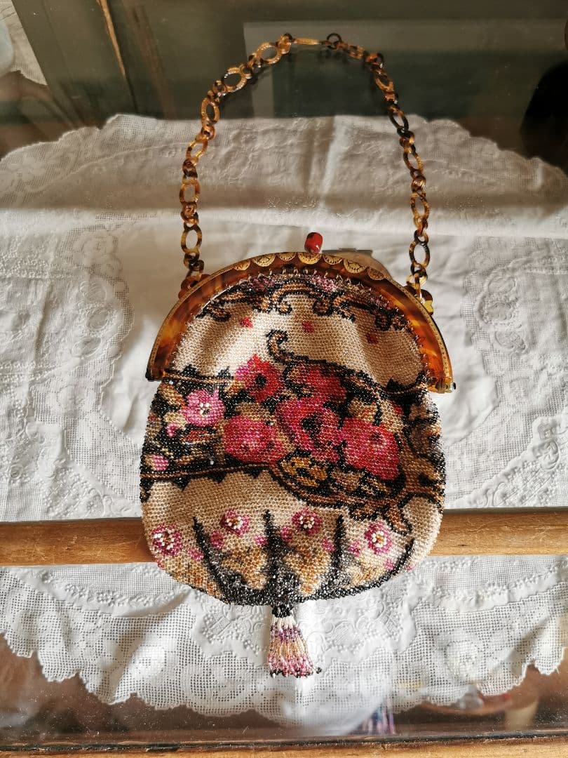 アンティーク マイクロベビービーズ花刺繍レース編巾着バッグ アールヌーボー