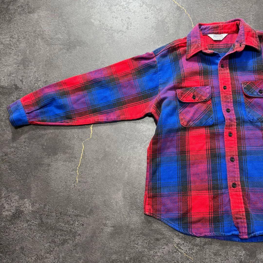 80sUSA製ファイブブラザーヘビーネルシャツヘビネル赤黒オンブレチェックL古着
