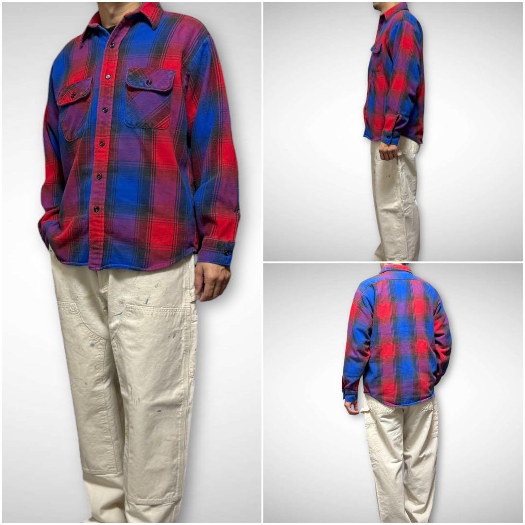 80sUSA製ファイブブラザーヘビーネルシャツヘビネル赤黒オンブレチェックL古着