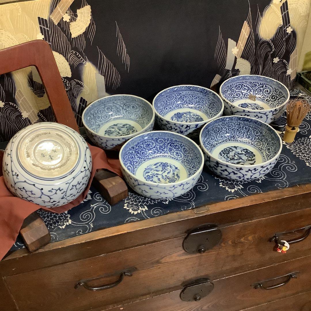 古伊万里　蛸唐草　富貴長春　大膾皿　江戸　6客　李朝・大聖寺・輪島塗・九谷焼好き