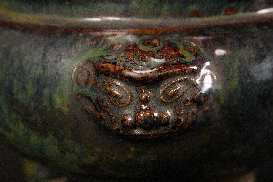 中国美術 窯變 海鼠釉 三足 獅子耳 香炉 明 旧家蔵出