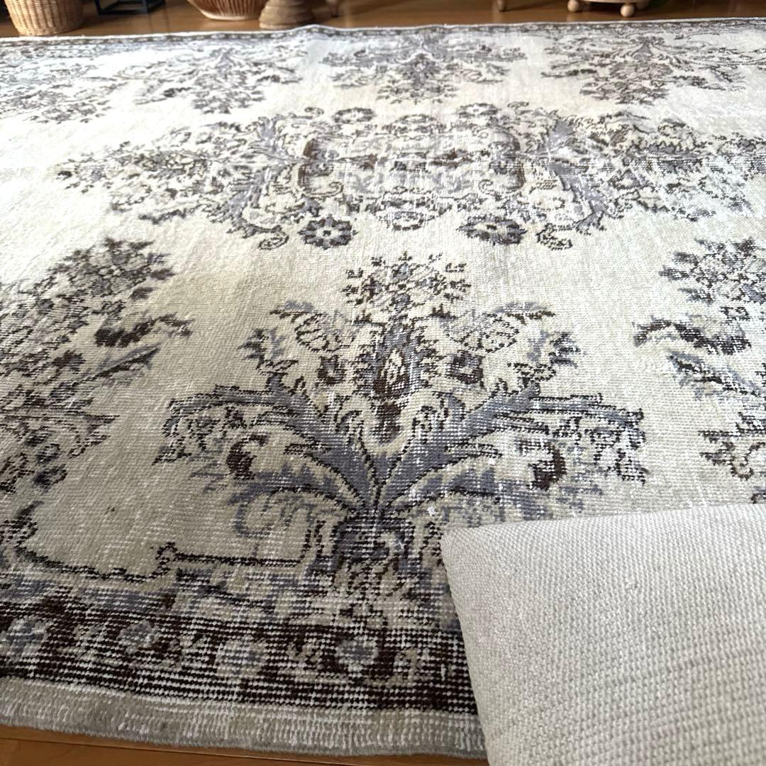超大判173×272 クリーム×ブルーグレイ×ブラウン　トルコヴィンテージラグ