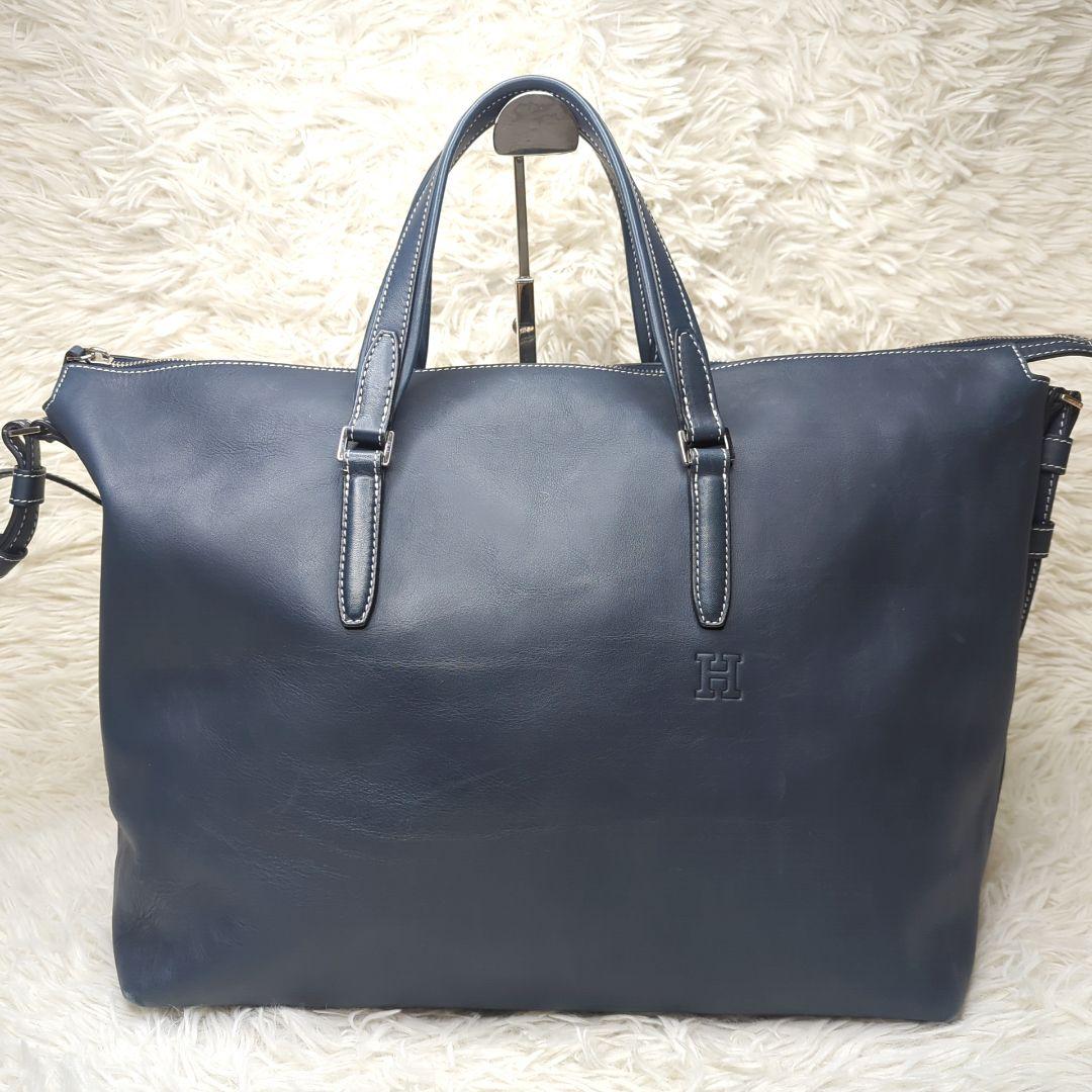 り*ん様 現行✨ヒロフ トートバッグ レザー ネイビー 2way ロゴ型押し A