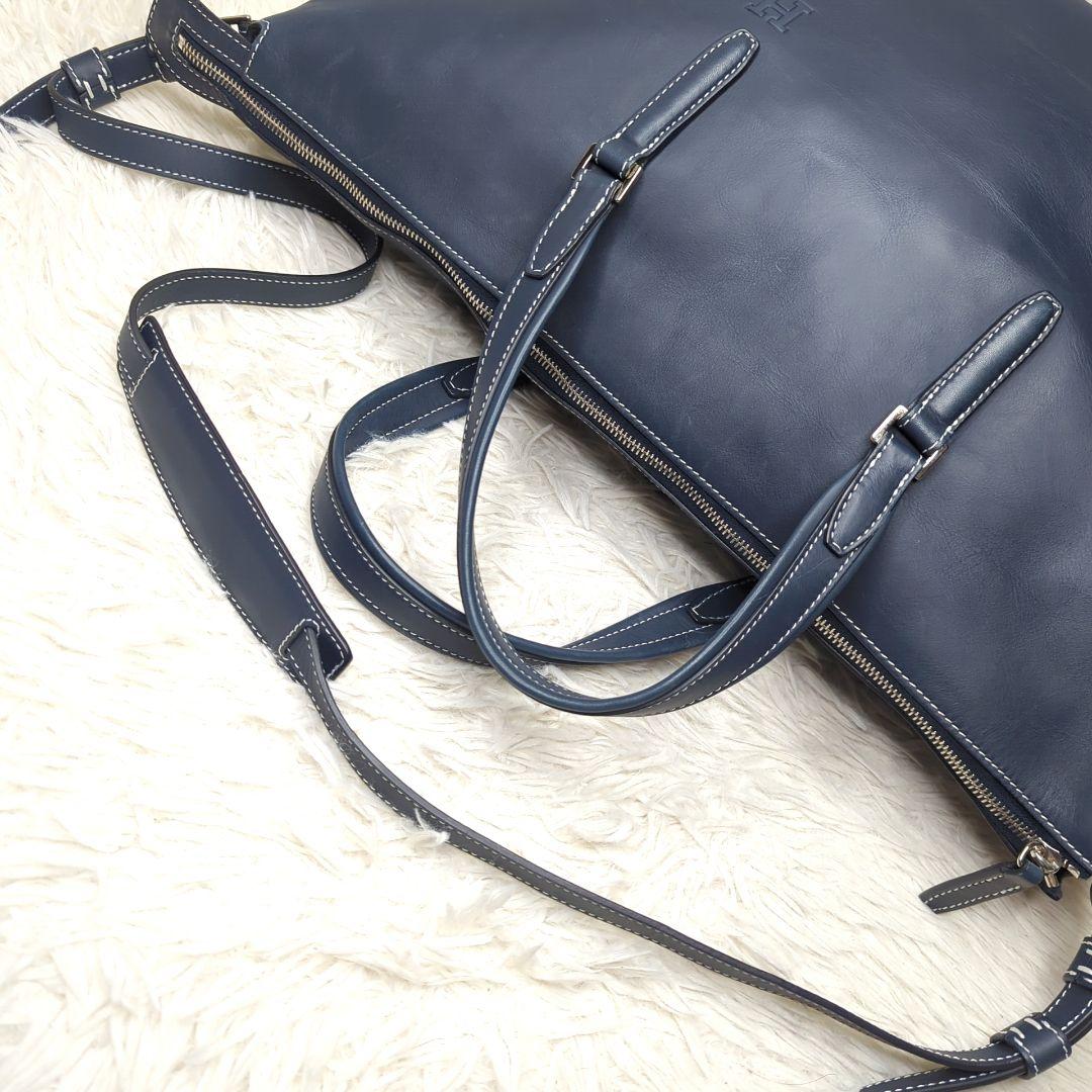 り*ん様 現行✨ヒロフ トートバッグ レザー ネイビー 2way ロゴ型押し A