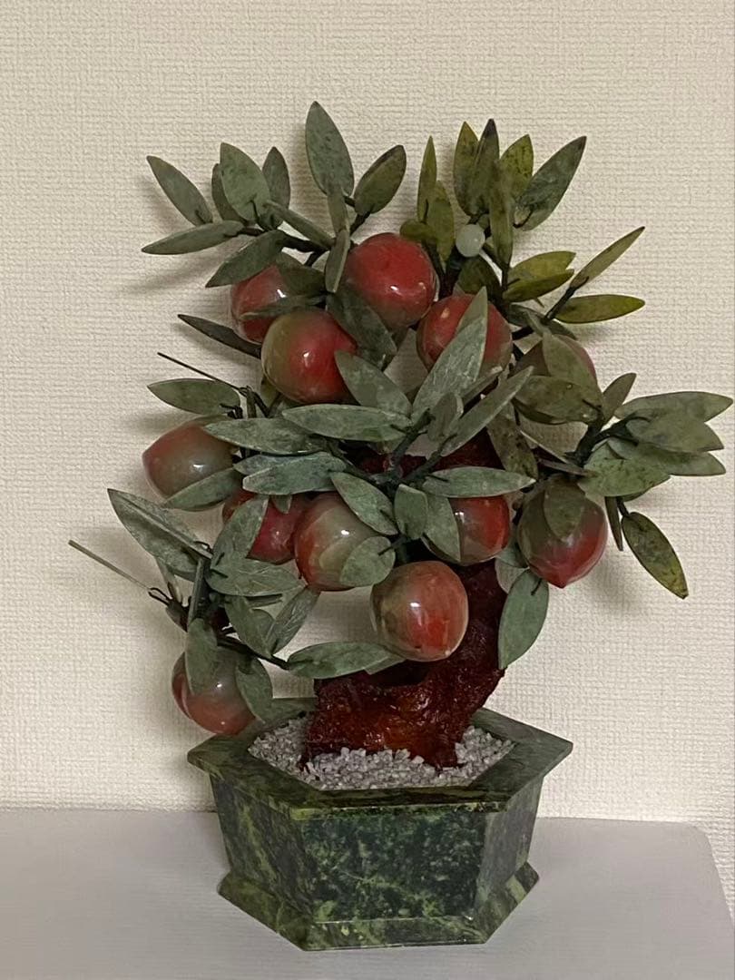 中国美術 玉石翡翠 天然石 桃の木 年代物 盆栽桃樹 玉石 置物