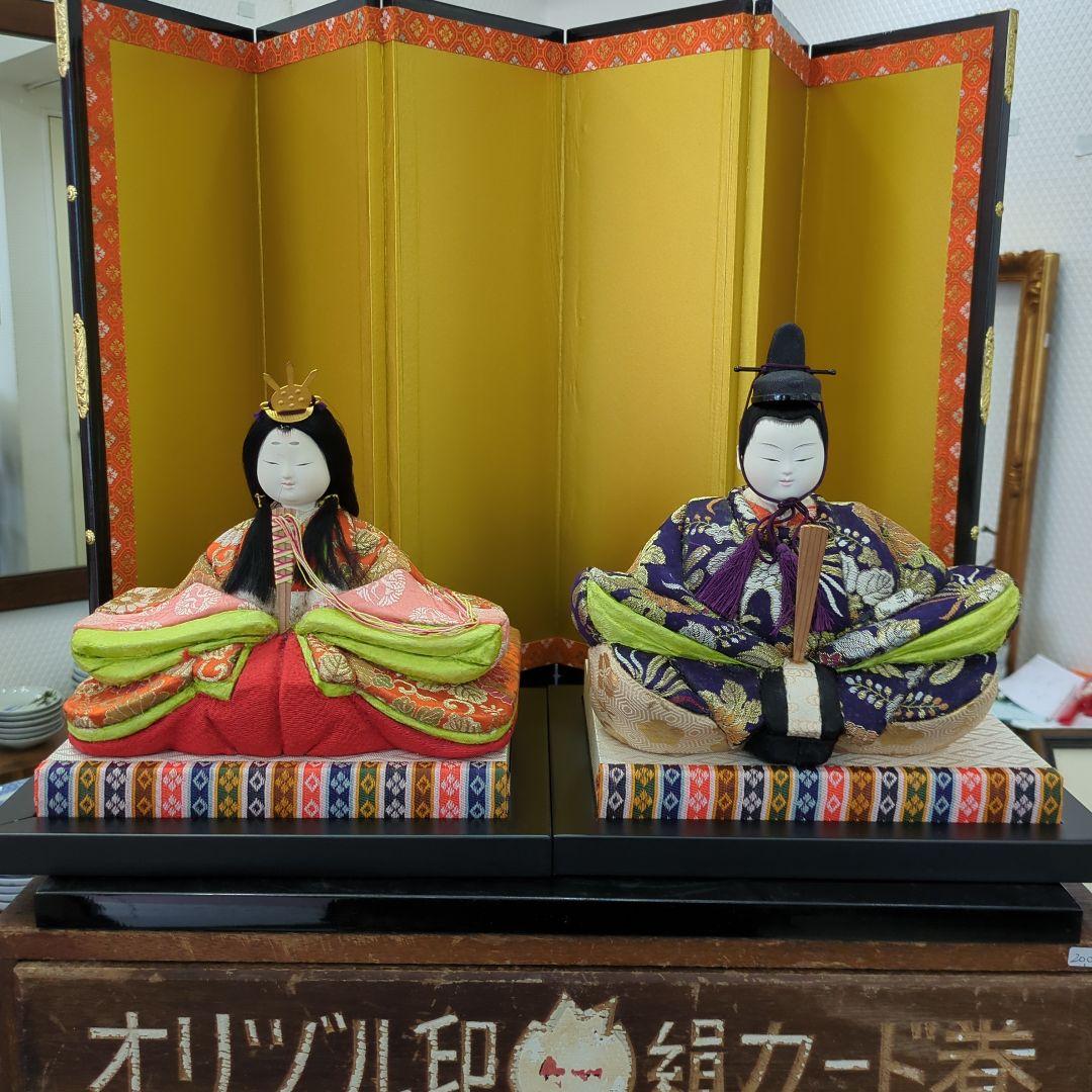 レトロ　木目込み　雛人形 金屏風付き ひな祭り　台付き　お雛様