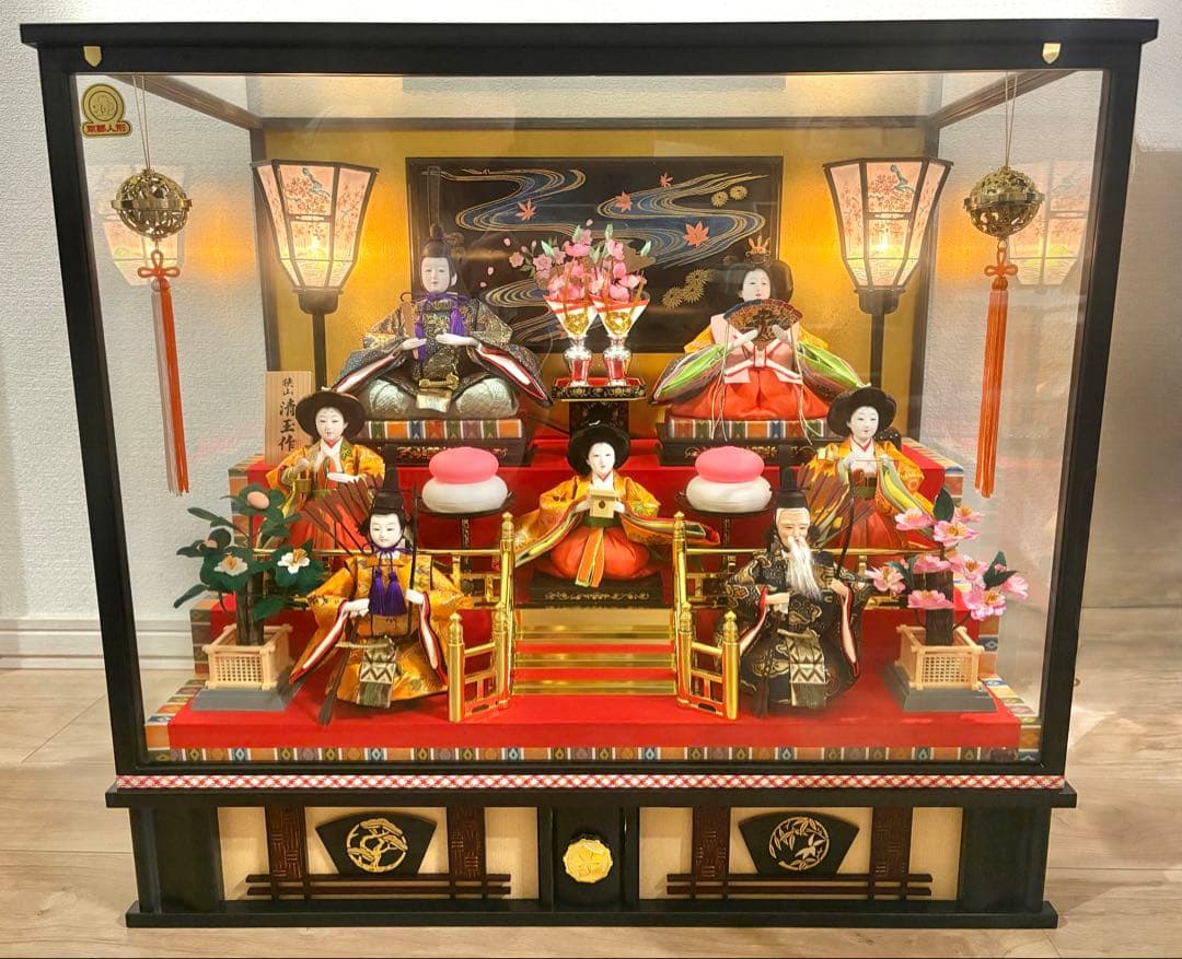 雛人形セット ガラスケース付き　オルゴール　狭山清玉作　ぼんぼり