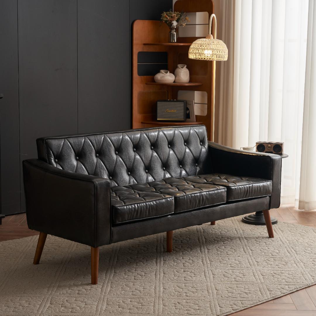 セール！ソファー 3人掛カウチソファリビングソファ 肘付オットマン ブラック