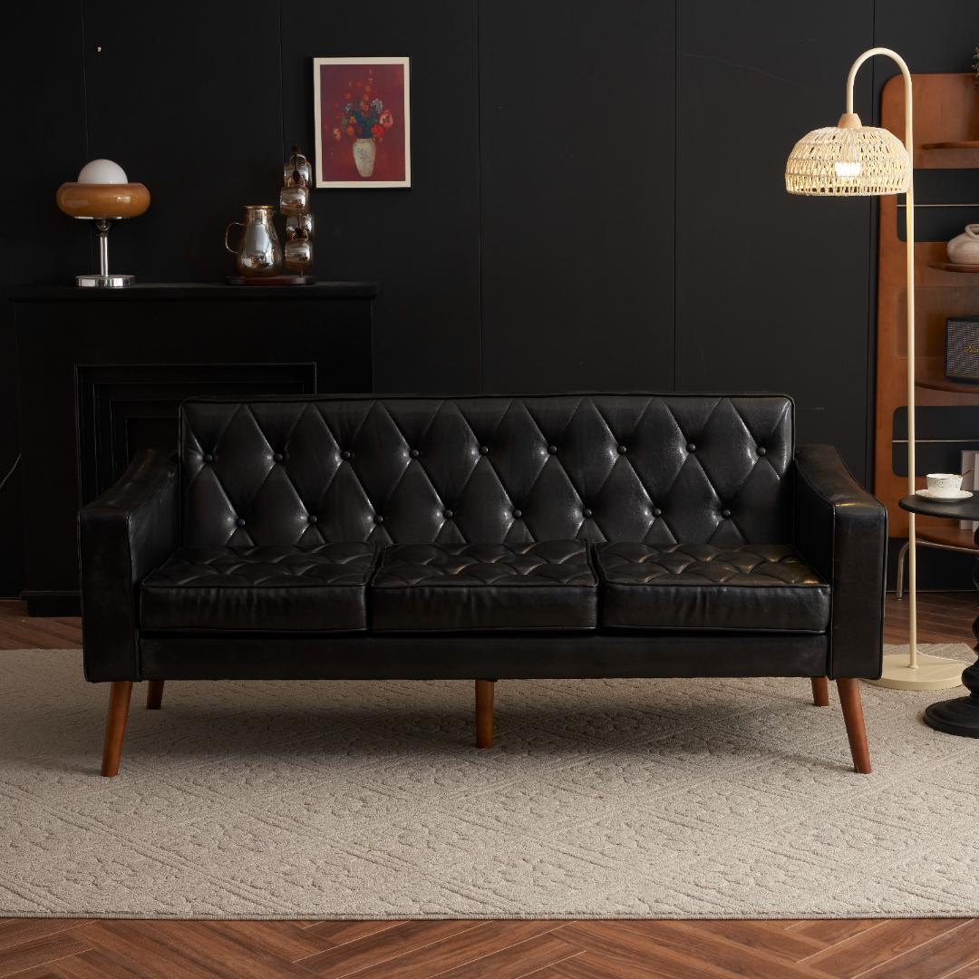 セール！ソファー 3人掛カウチソファリビングソファ 肘付オットマン ブラック