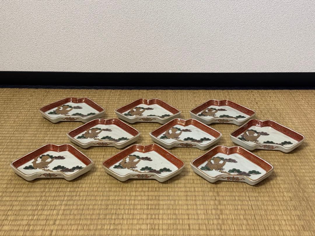 【古伊万里】色絵 「一富士二鷹三茄子」 富士形　変形皿 9客　明治時代