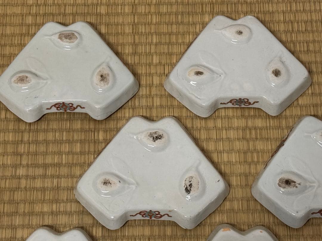 【古伊万里】色絵 「一富士二鷹三茄子」 富士形　変形皿 9客　明治時代