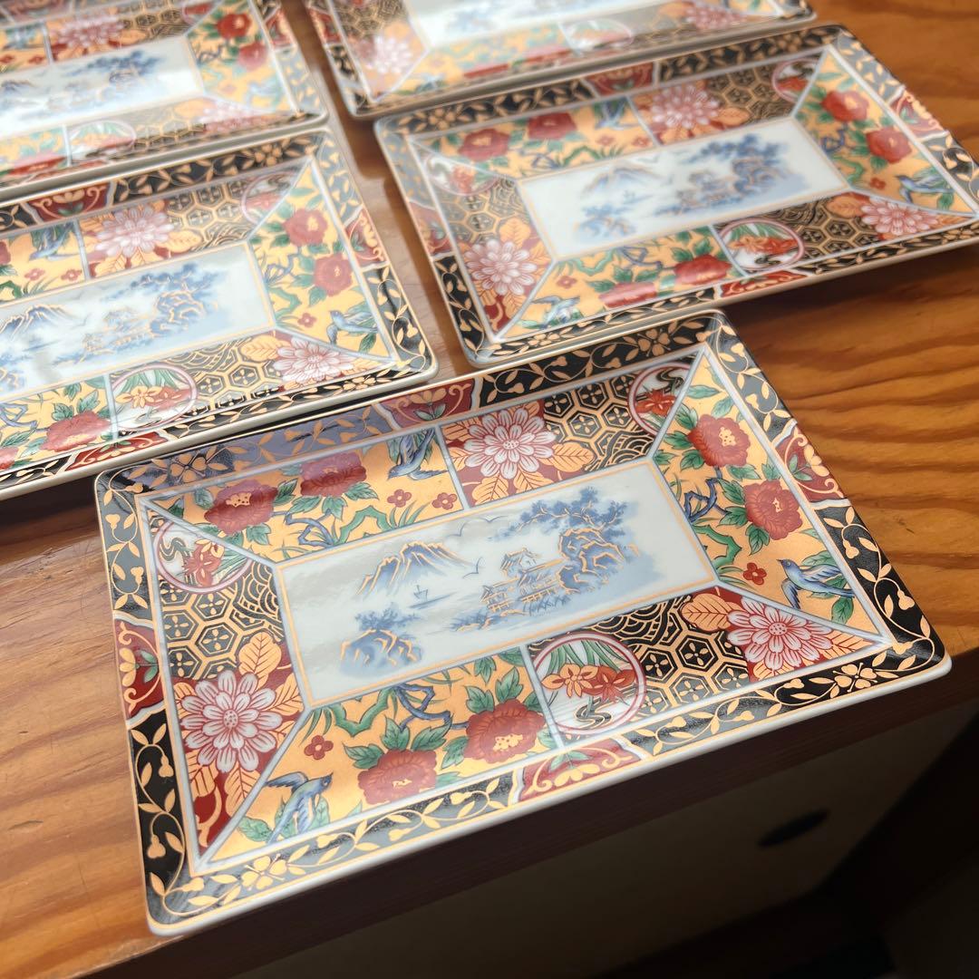 有田焼　弥生窯　角皿　金彩色絵　5枚セット　古伊万里　色絵　丸紋　銘々皿