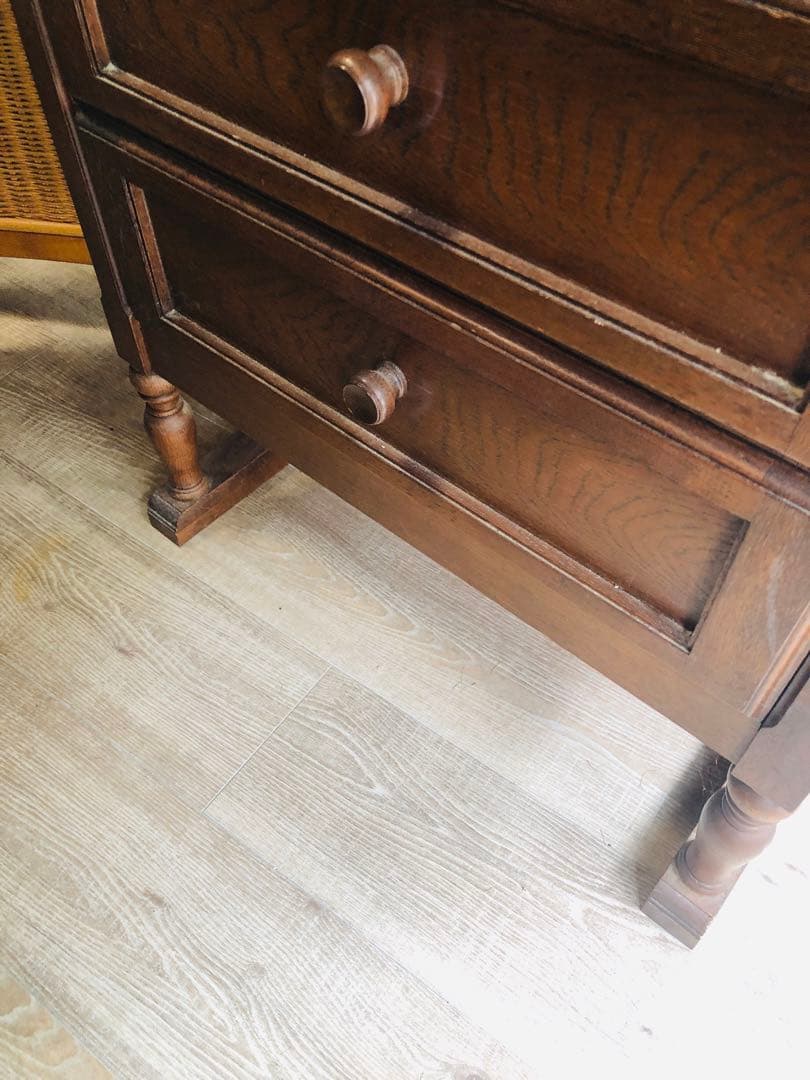 木製クラシックタンス キャビネット　サイドボード　ガラス天板 6引き出し