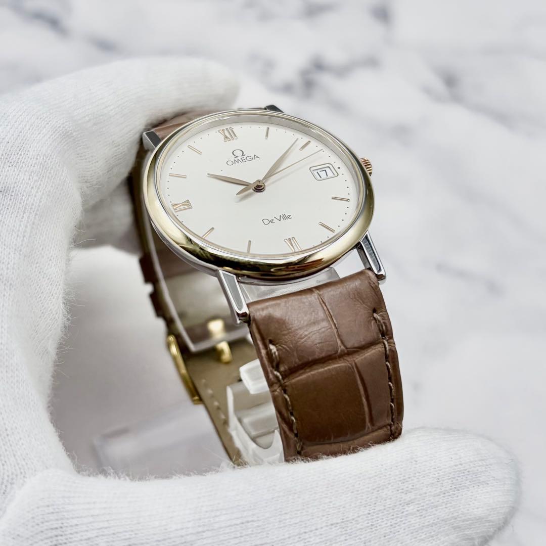 【美品】オメガ デヴィル K18YG リーフ針 7420.33 純正本革ベルト