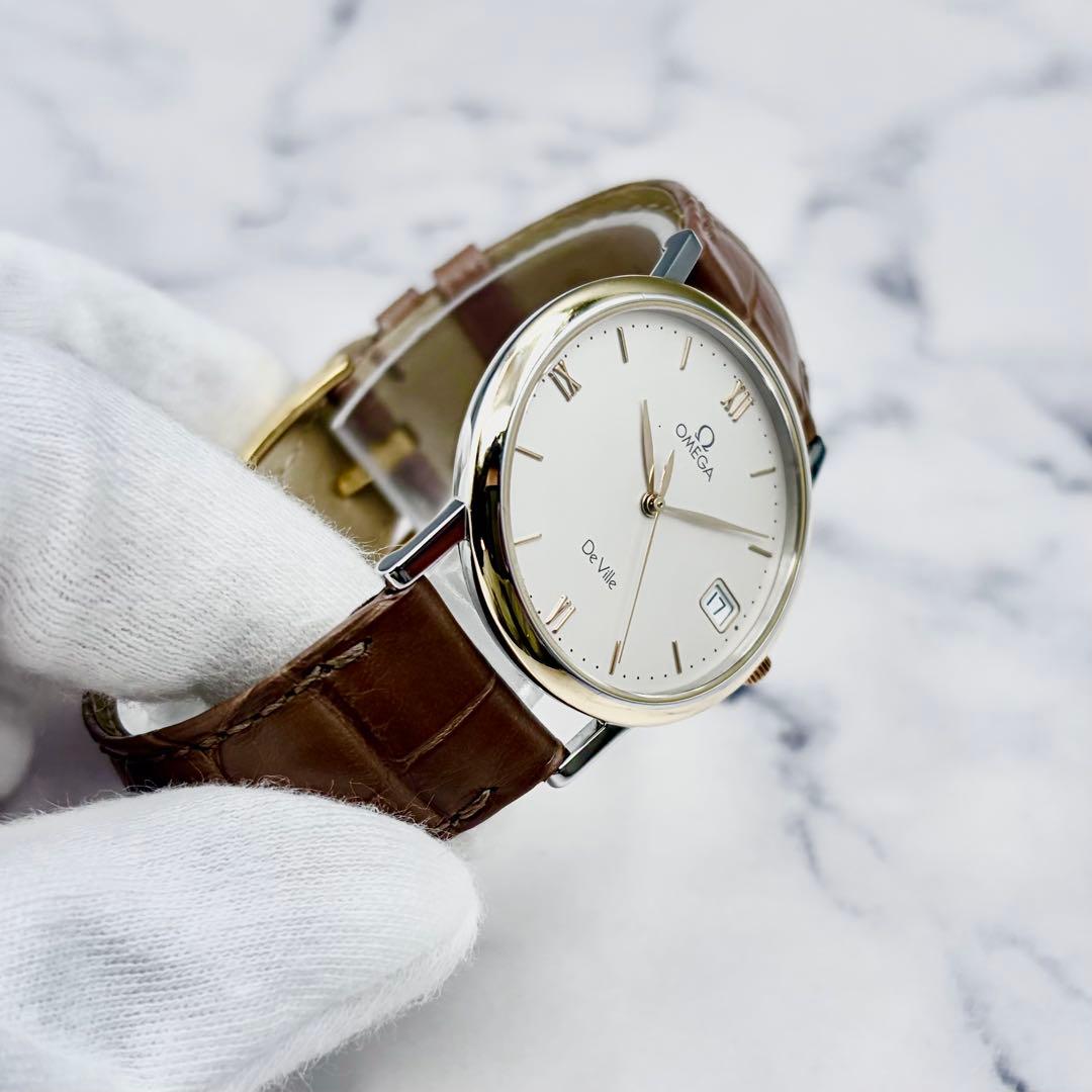 【美品】オメガ デヴィル K18YG リーフ針 7420.33 純正本革ベルト