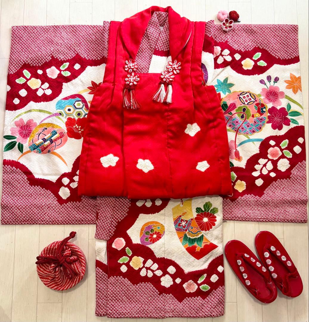七五三　正絹　絞り　友禅　着物　被布　3歳　一つ身　フルセット