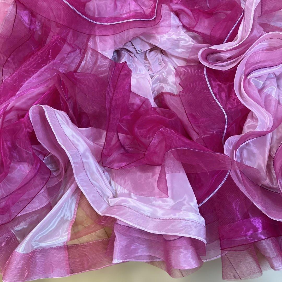 社交ダンスドレス 長袖 スタンダード ピンク フラワー装飾