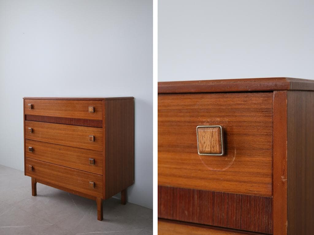 英国アンティークチーク4杯ドロワー/木製チェスト/タンス/テーブル机(91-84