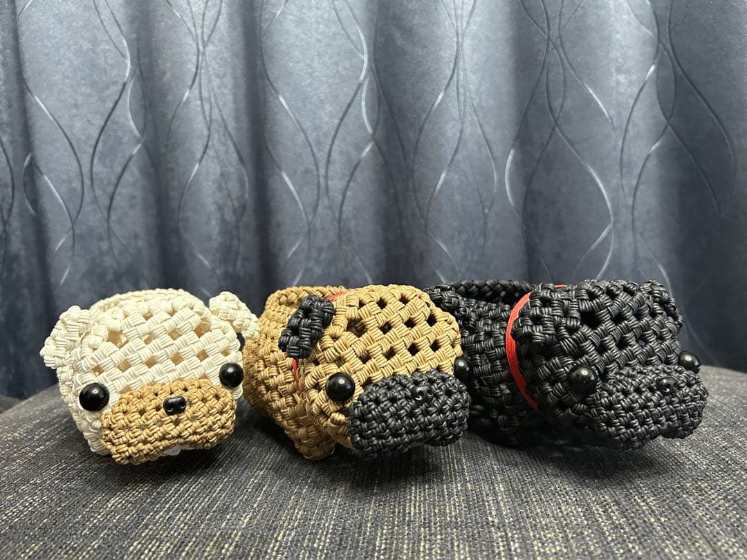 ダンプママです。パグ犬3兄弟　エコクラフト クラフトバンド　小物入れ