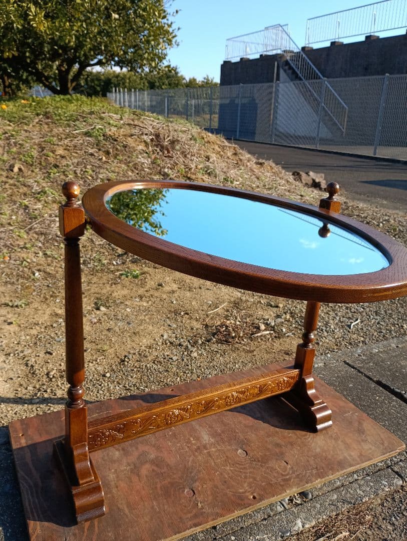 ヴィンテージ　イギリス　姿見　大型　オーバル　手彫り　オーク　スタンド　ミラー