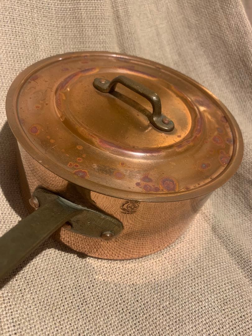 フランスビンテージ 蓋付き 銅製深型 16cm ソースパン 刻印入りg-25