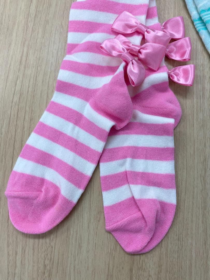 【m−00457】ボーダー　レース柄　オーバーニー　ソックス　4足セット