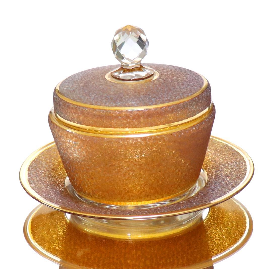 オールド・バカラ 稀品 春海商店 特注琥珀ガラス 金彩 青海波文様 受皿付蓋物