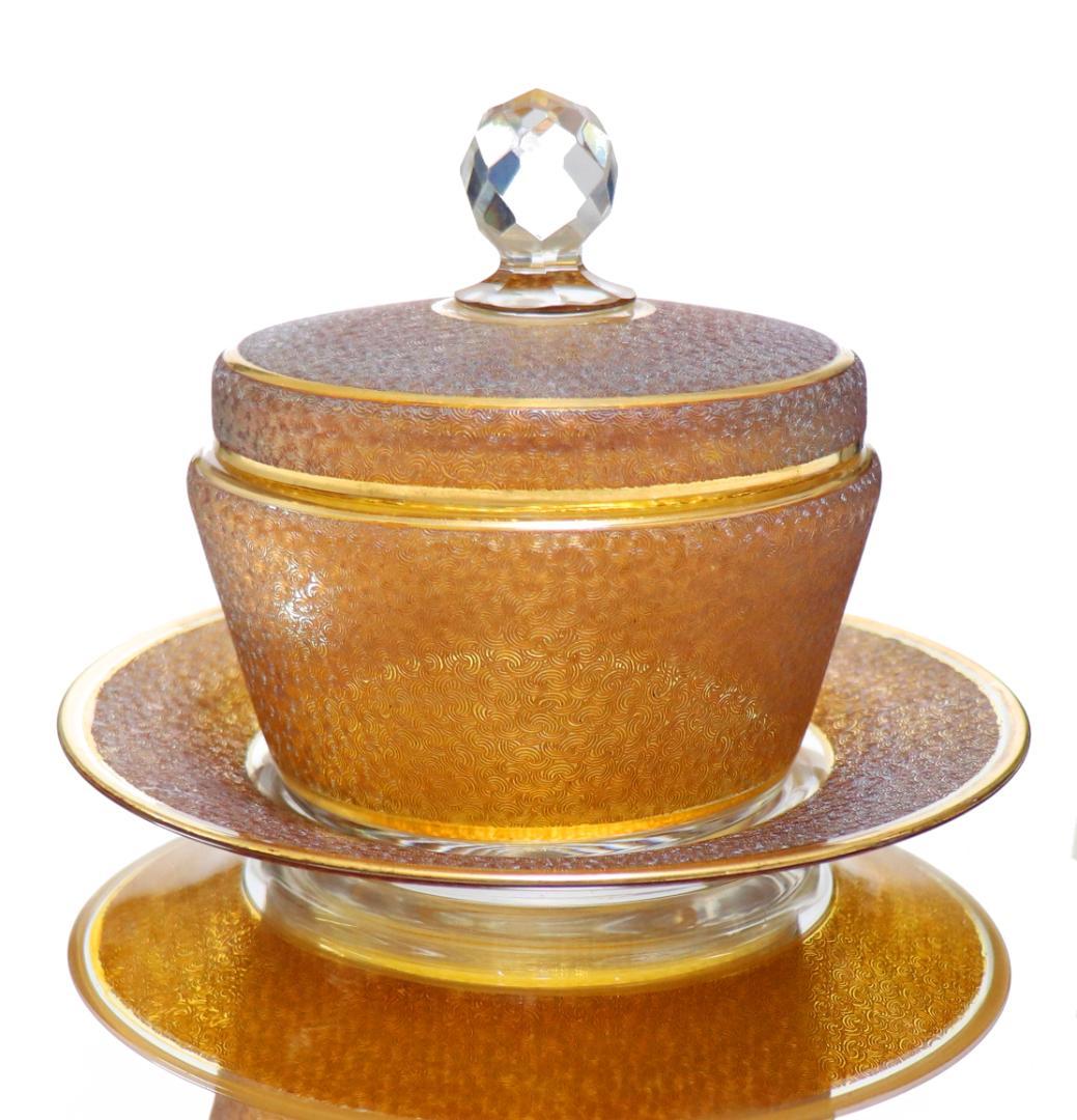 オールド・バカラ 稀品 春海商店 特注琥珀ガラス 金彩 青海波文様 受皿付蓋物