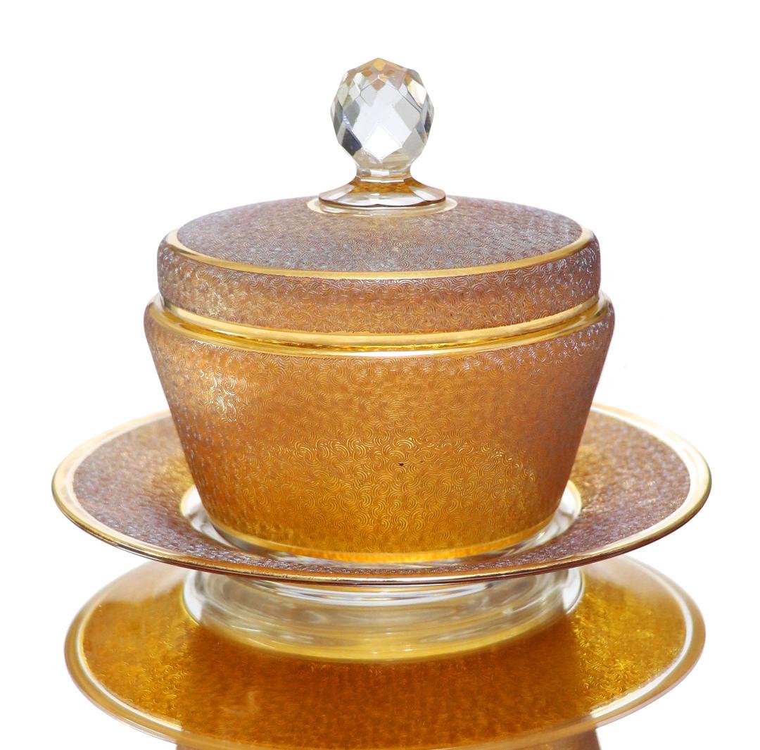 オールド・バカラ 稀品 春海商店 特注琥珀ガラス 金彩 青海波文様 受皿付蓋物