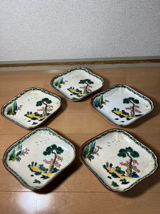 450 九谷焼　時代物　角福　皿　5客　古美術品