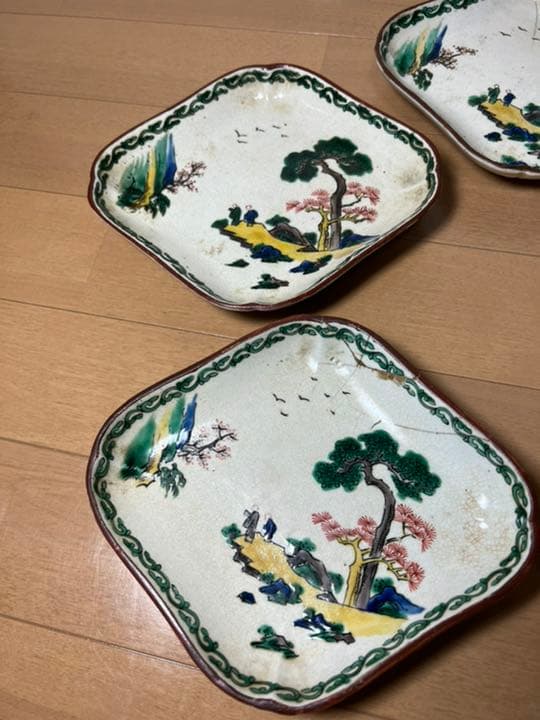 450 九谷焼　時代物　角福　皿　5客　古美術品
