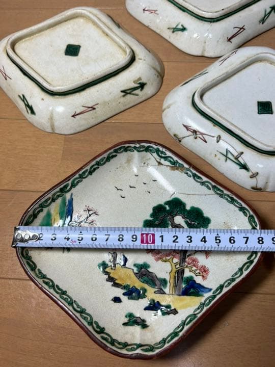 450 九谷焼　時代物　角福　皿　5客　古美術品
