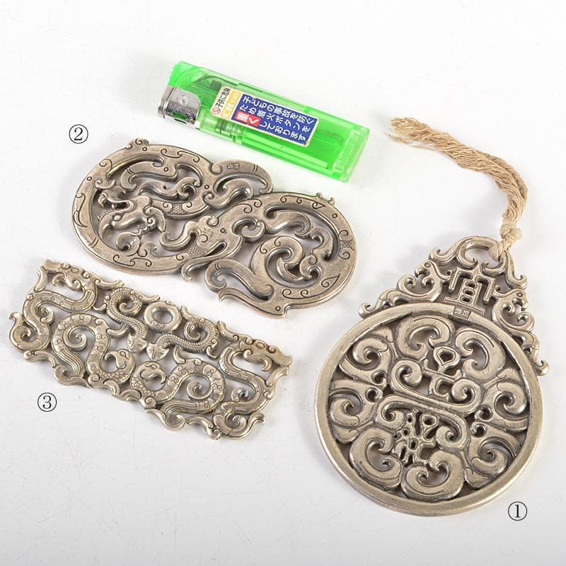 中国　足銀刻印　龍刻　神獣刻　装身具　3点　重さ合計約361g　M　R6635
