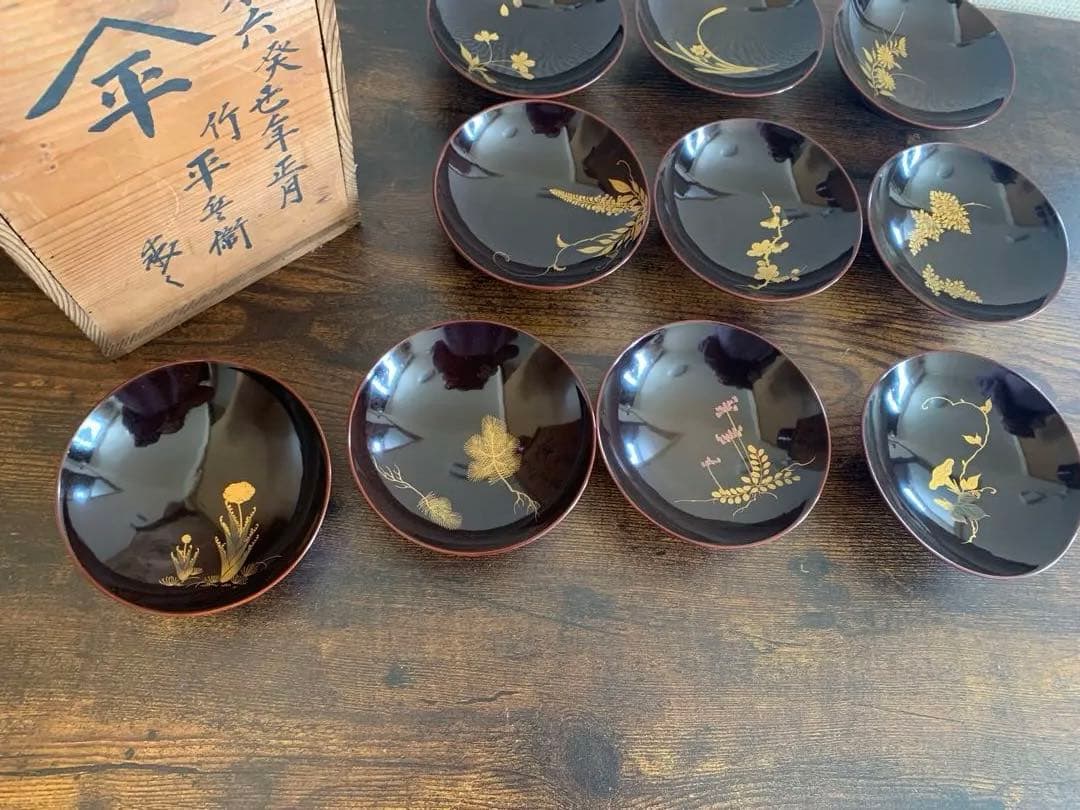 嘉永6年　見返し沈金蒔絵木製吸物椀10客　骨董品　絵がわり椀　汁椀　お椀　珍品