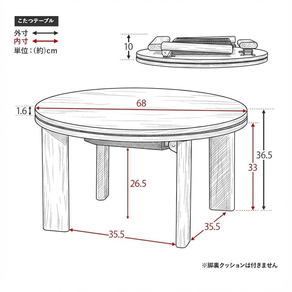 フォロー割【新品訳あり】リバーシブル　折りたたみコタツ　円形　コンパクト