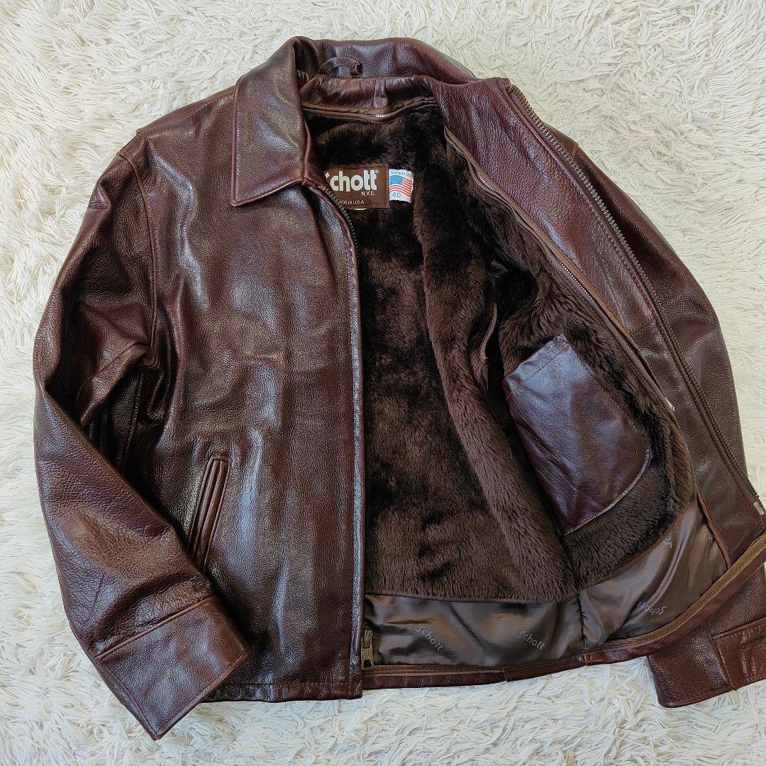 良品　schott　ボアライナー付きライダース　大きいサイズ　L　茶