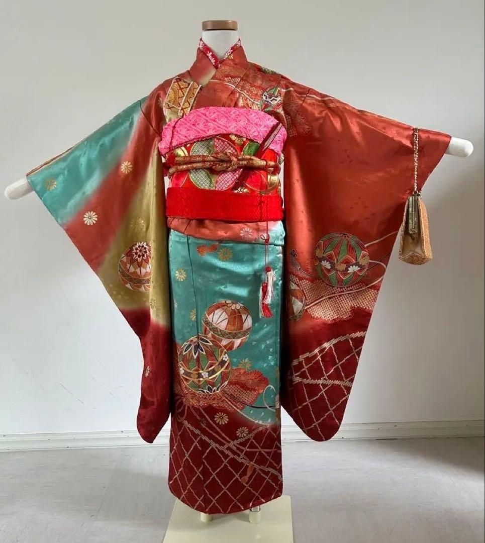 プ*s様 7歳　七五三　正絹着物、帯、帯揚げ、帯締め　しごき　バッグはこせこ扇子