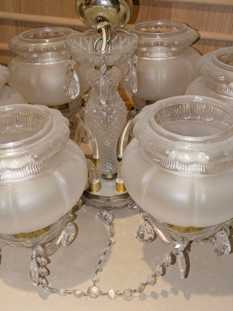 ガラス製6灯シャンデリア　電球付き　昭和レトロ　アンティーク