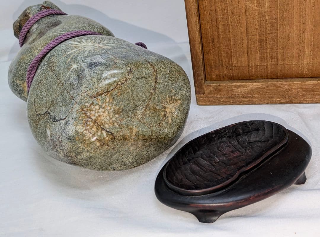 菊花石 梨地に糸菊　根尾 鑑賞石 水石 　文化財級　小林宗閑箱書き　在銘台座