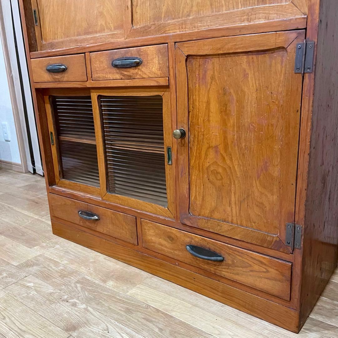 昭和 レトロ　戸棚　モールガラス　食器棚　本棚　アンティーク　当時物　水屋