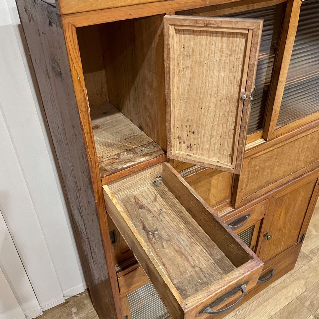 昭和 レトロ　戸棚　モールガラス　食器棚　本棚　アンティーク　当時物　水屋