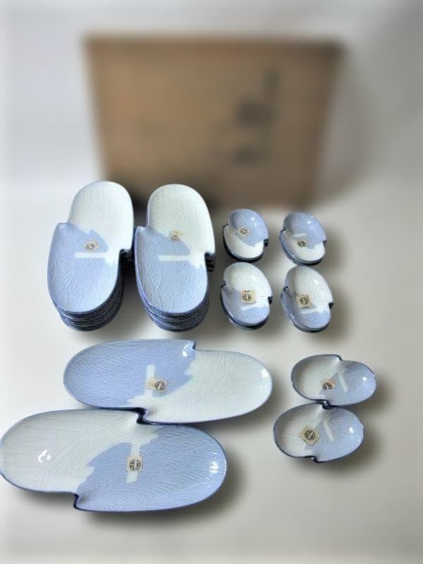 橋に流水鮎 鮎皿 各10客 刺身皿 醤油皿 共箱