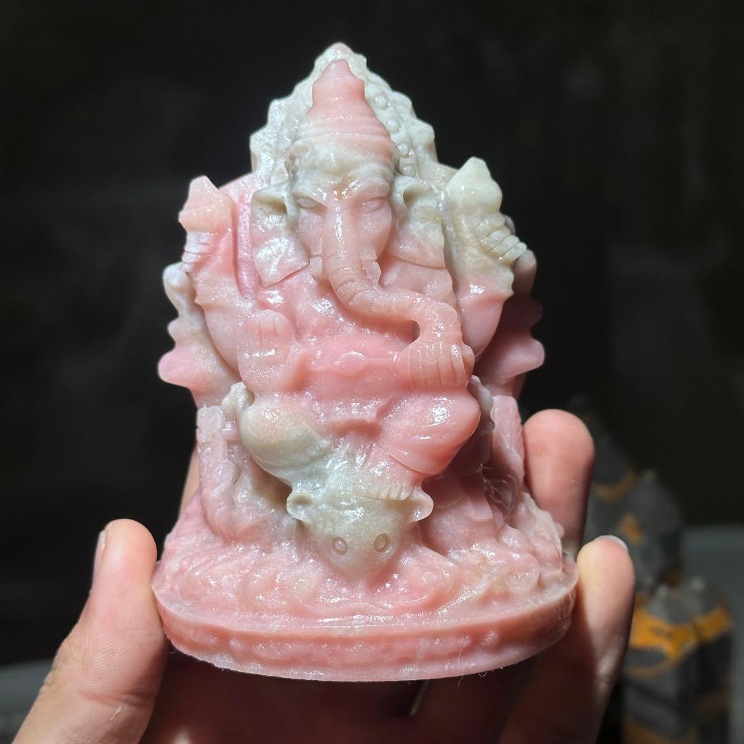 天然石ピンクオパールのガネーシャ　置物　彫り物G.266